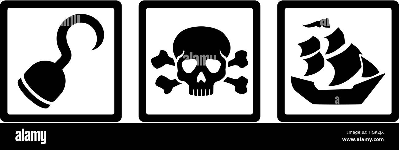 Pirate icons. Hook, Skull with bones, ship Stock Photo