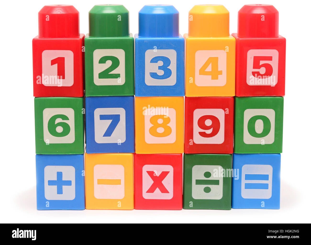 Colorful stacked toy plastic building blocks isolated on white ...