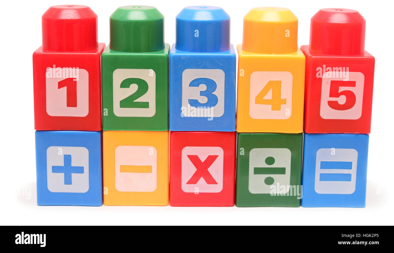 Colorful stacked toy plastic building blocks isolated on white ...