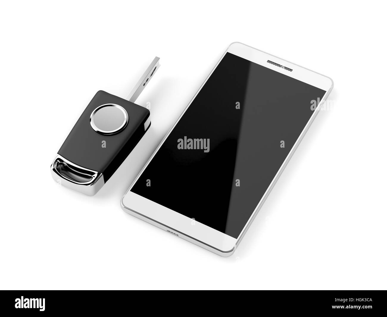 Car key and smartphone on white background Stock Photo