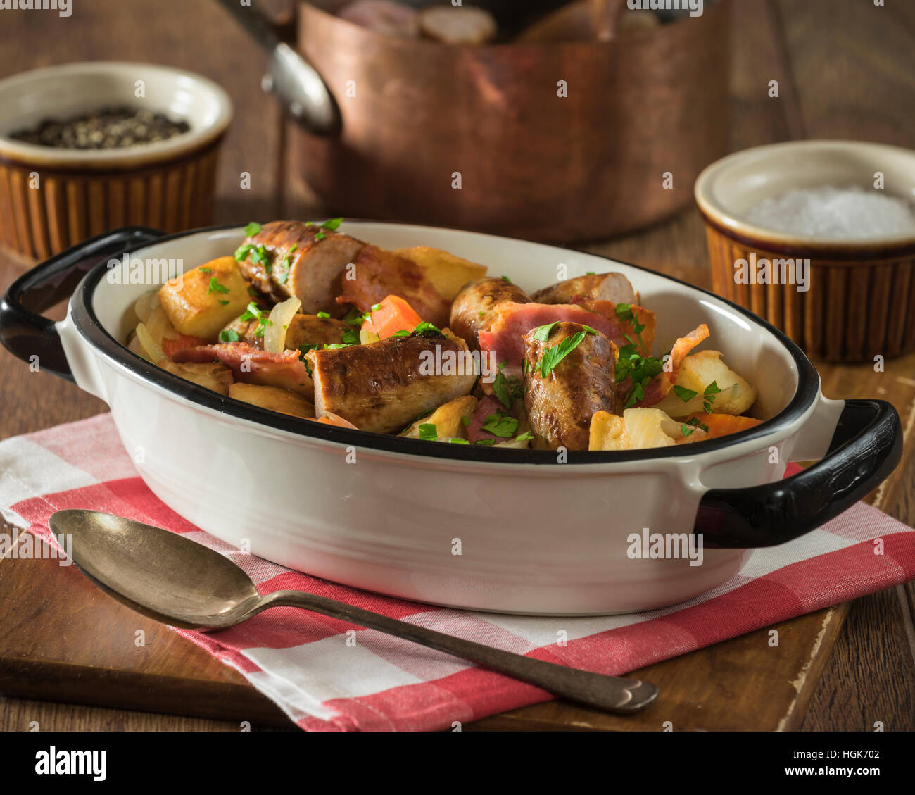 Dublin coddle. Traditional Irish potato, sausage, and bacon stew. Food