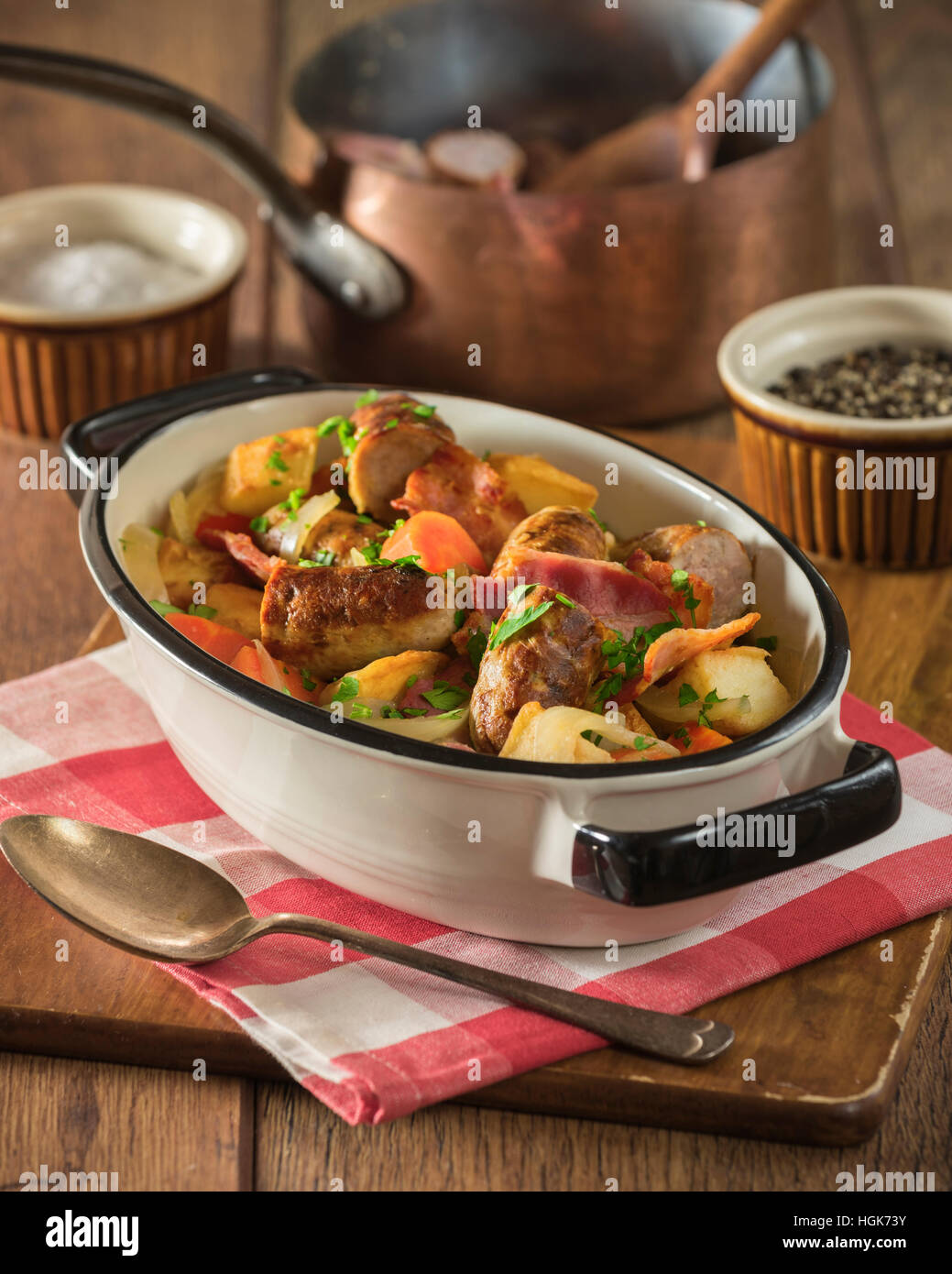 Dublin coddle. Traditional Irish potato, sausage, and bacon stew. Food