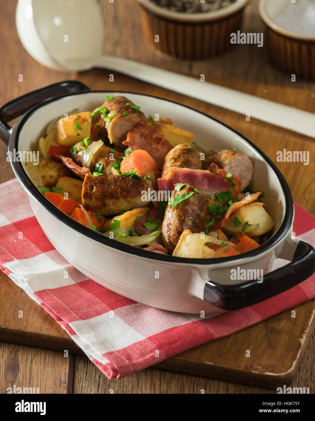 Dublin coddle. Traditional Irish potato, sausage, and bacon stew. Food