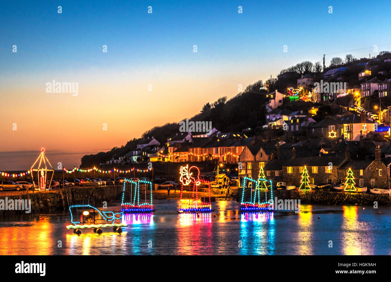 The christmas lights at Mousehole in Cornwall, England, UK Stock Photo -  Alamy