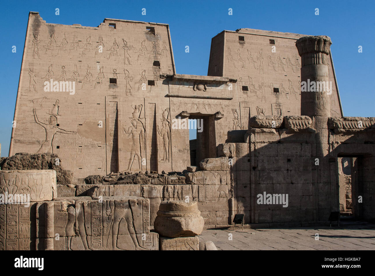 The Temple of Edfu, dedicated to the falcon god Horus, is on the Nile River is one of the best preserved in Egypt. Stock Photo