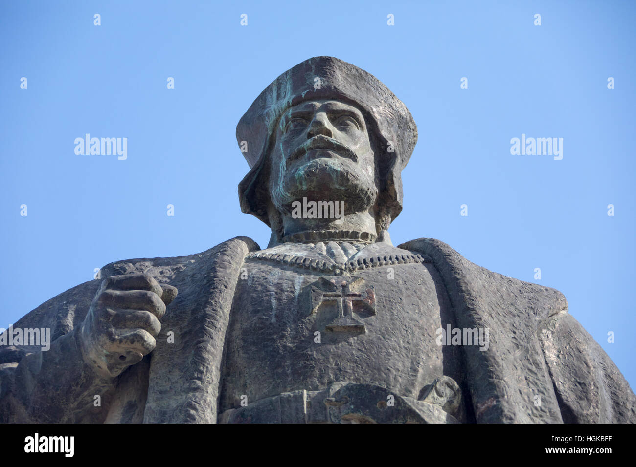 Statue of Vasco de Gama outside the palace and chapel of Sao Paulo now a museum on Ilha de Mozambique, Africa Stock Photo