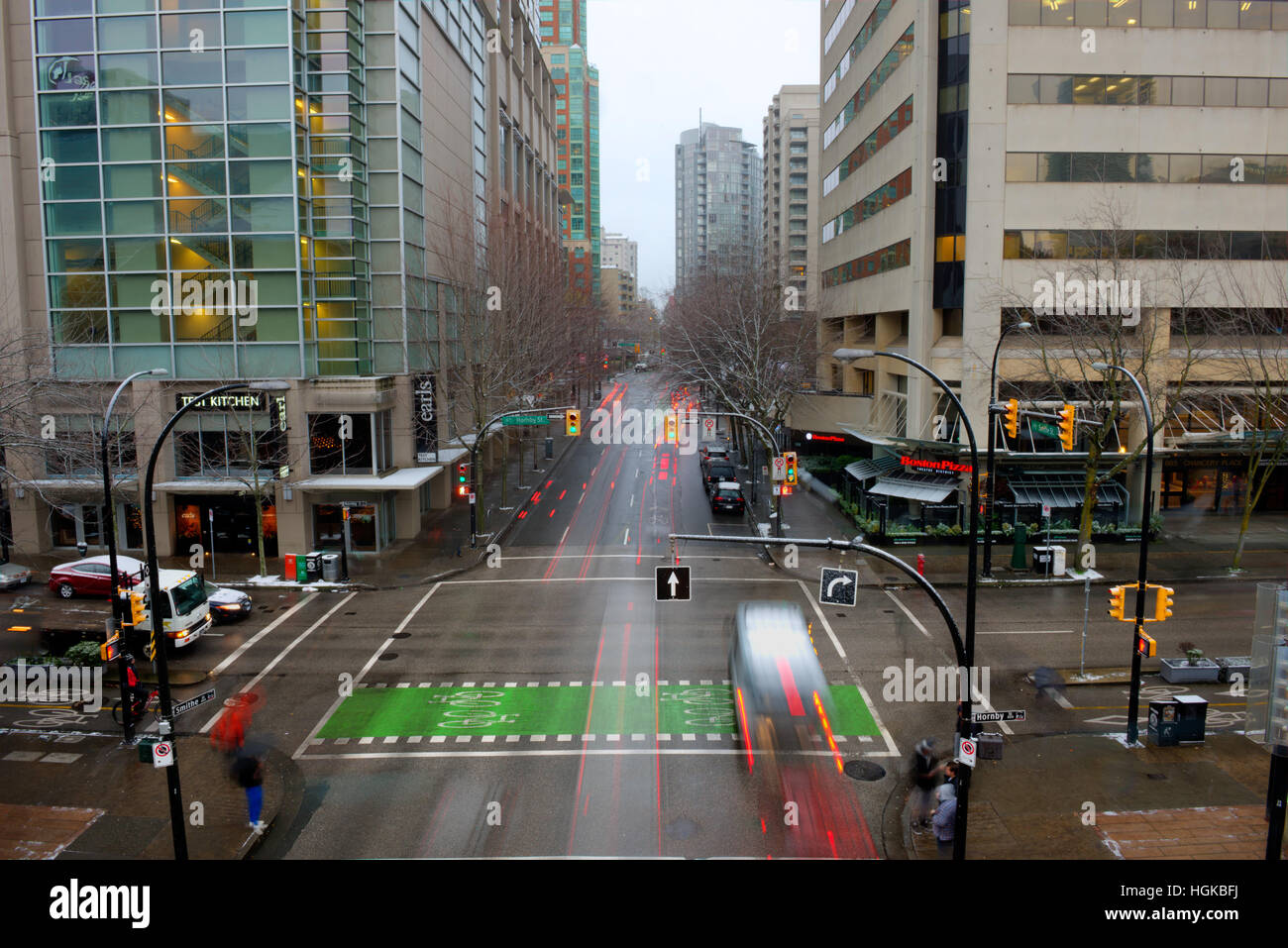 Vancouver, BC, Canada - December 9, 2016 - Intersection of Hornby and Smithe in Vancouver, BC.  Photo: © Rod Mountain  http://bit.ly/RM-Archives Stock Photo