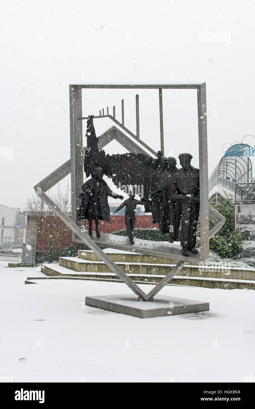 New Westminster, BC, Canada - December 26, 2016 - The 'Wait for me Daddy' monument on a snowy day.  Photo: © Rod Mountain  http://bit.ly/RM-Archives Stock Photo