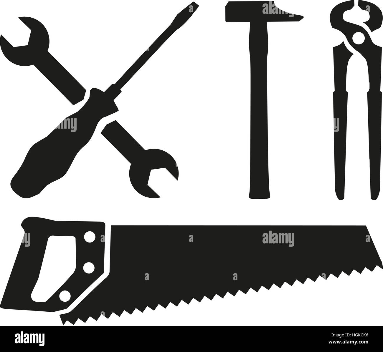 Work tools screwdriver, wrench, hammer, saw, plier Stock Photo Alamy