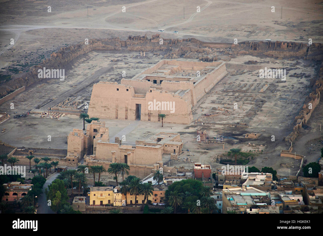 Aerial view of Luxor city and the temple of Habu for Ramses the third, Medinet Habu, Luxor, Egypt Stock Photo