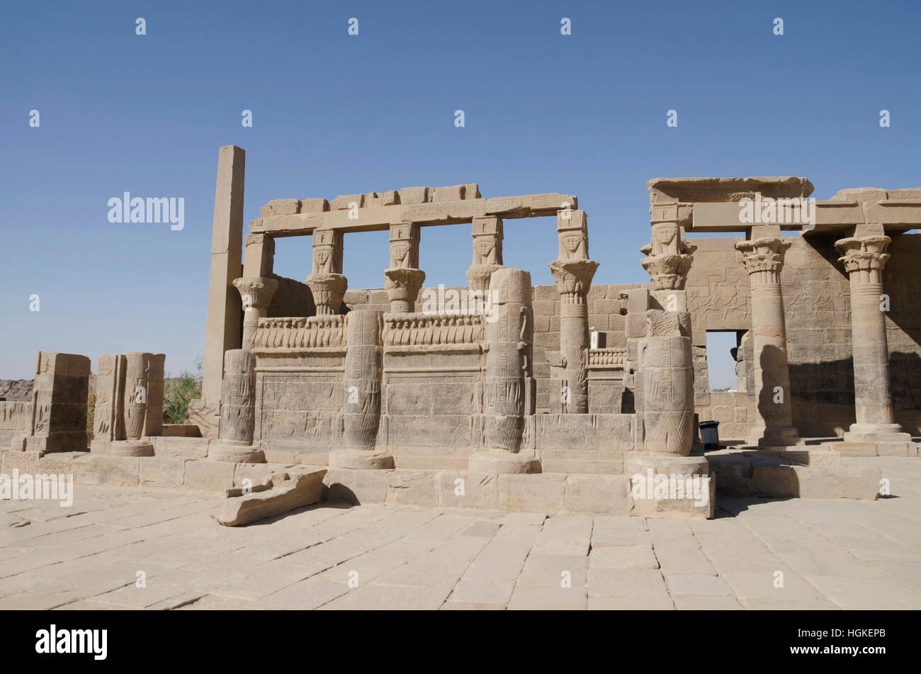 Partial view, Philae temple. Temple was dismantled and reassembled on Agilika Island about 550 meters from its original home. Stock Photo