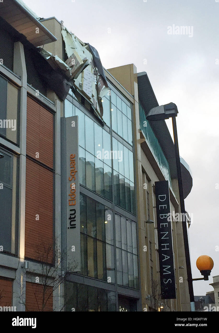 Bits of the roof of Debenhams in Eldon Square shopping centre, Newcastle, which have blown down onto Newgate Street, as high winds have brought travel chaos and power cuts as they buffet some parts of the country. Stock Photo