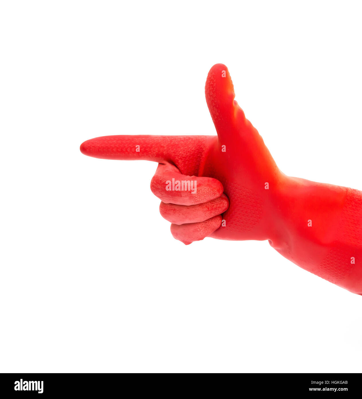 Hand up in red glove with pointing finger sign symbolic language meaning direction right way correct answer Stock Photo