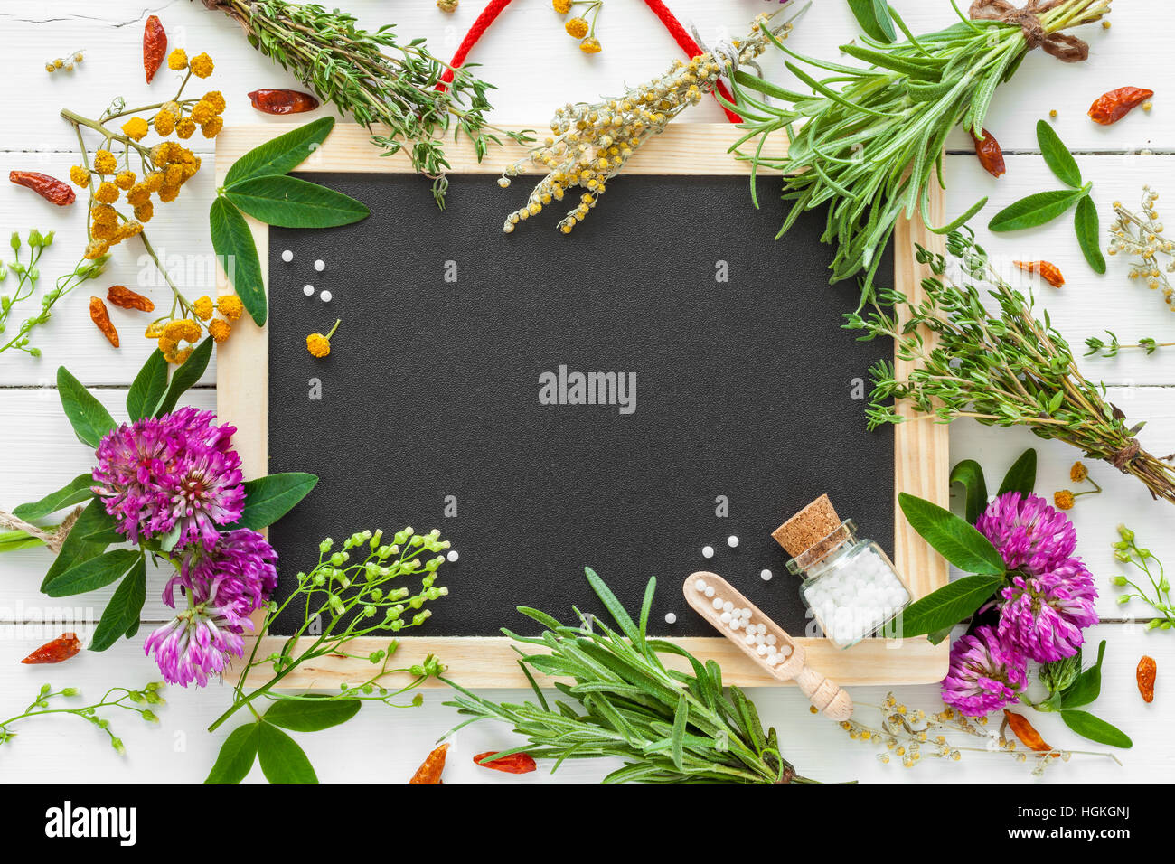 Empty blackboard, border from healing herbs, bottle of homeopathic globules. Top view, flat lay. Stock Photo