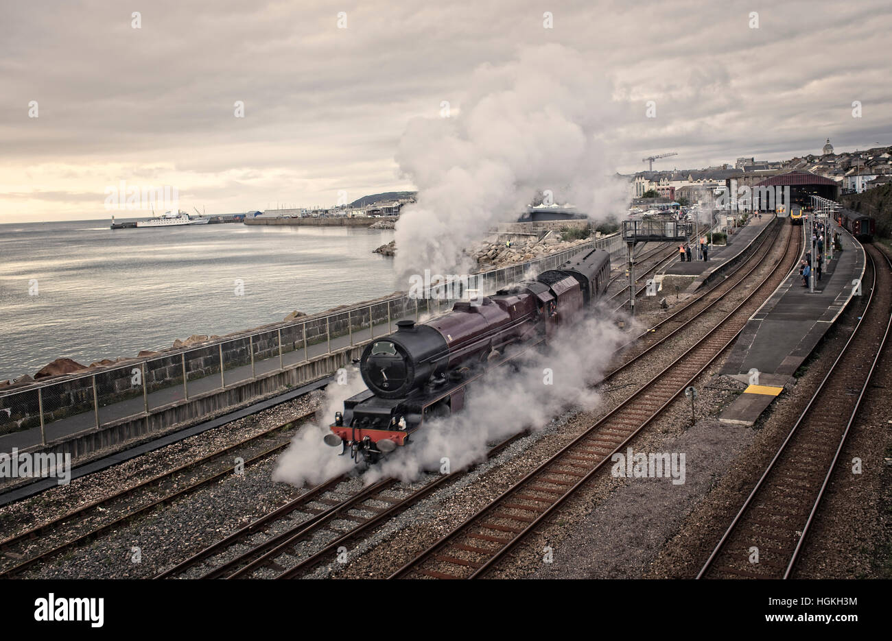 Steam locomotive leaving Penzance, Cornwall, England, UK. Stock Photo