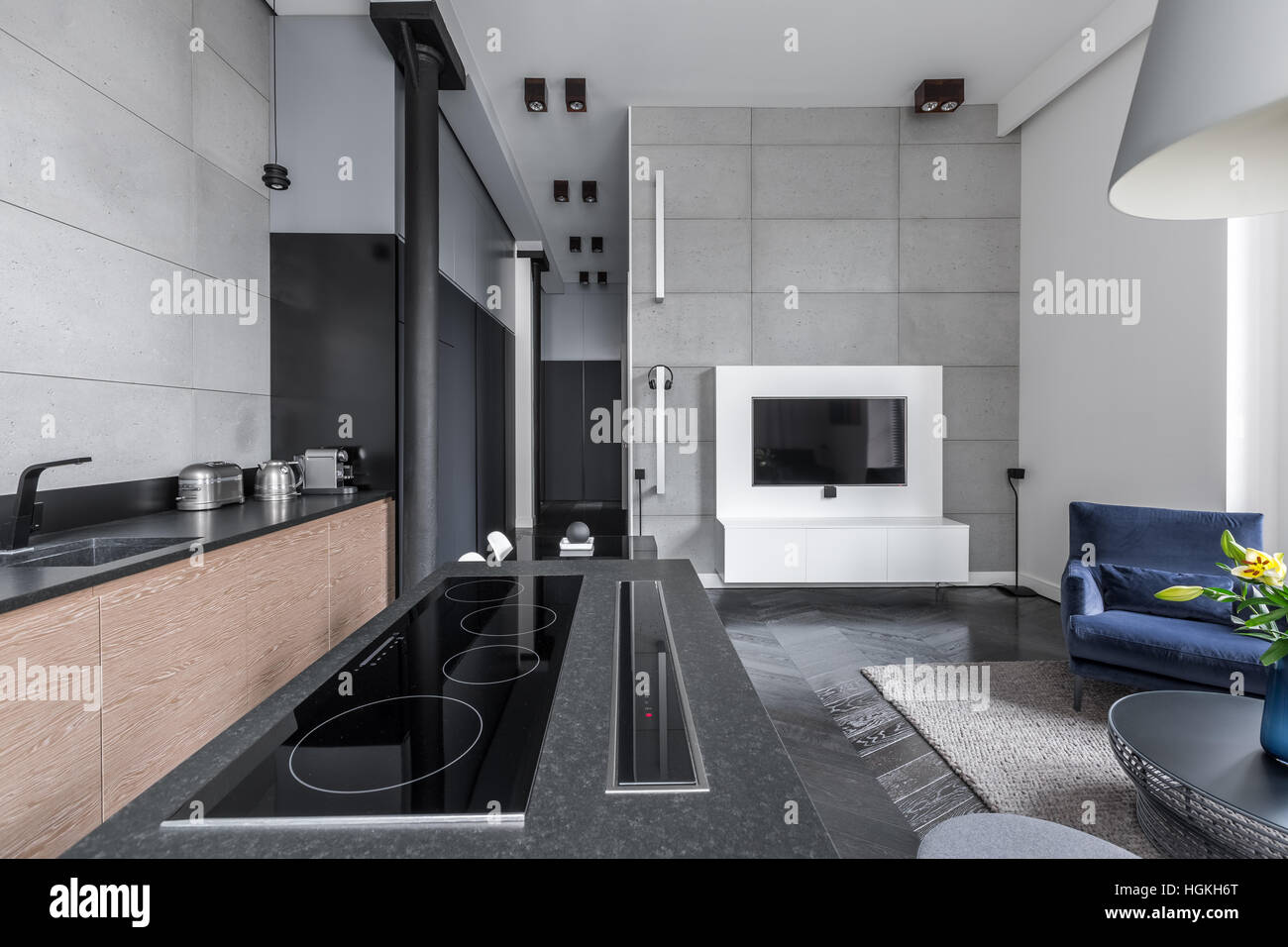 View of Open cooking area in modern multifunctional apartment Stock Photo - Alamy