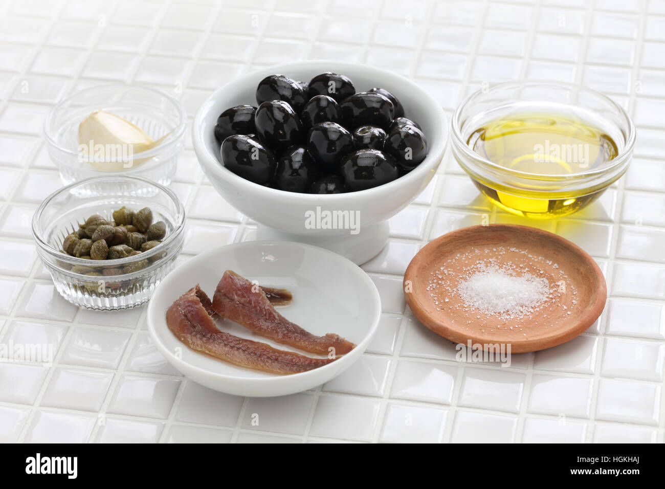 tapenade ingredients, french black olive paste Stock Photo