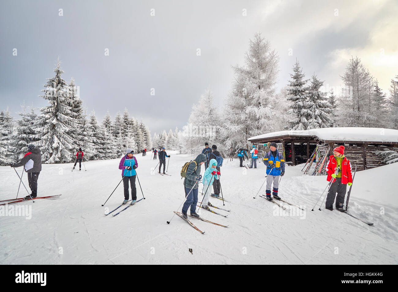 Cross-country skiers resting on trails intersection. Stock Photo