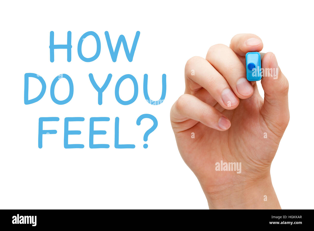 Hand writing How Do You Feel with blue marker on transparent wipe board. Stock Photo