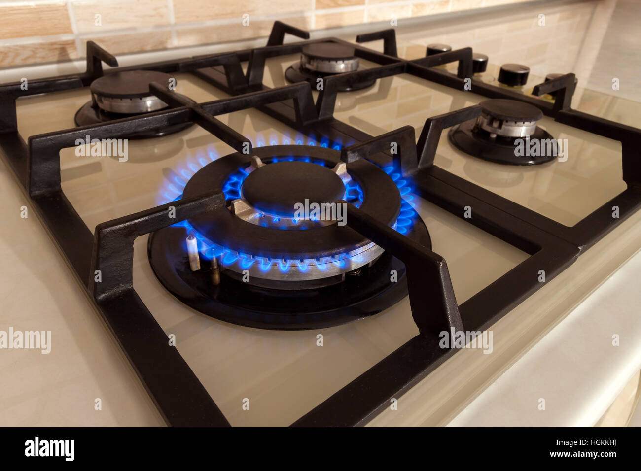 Closeup Shot Of Blue Fire From Domestic Kitchen Stove Gas Cooker