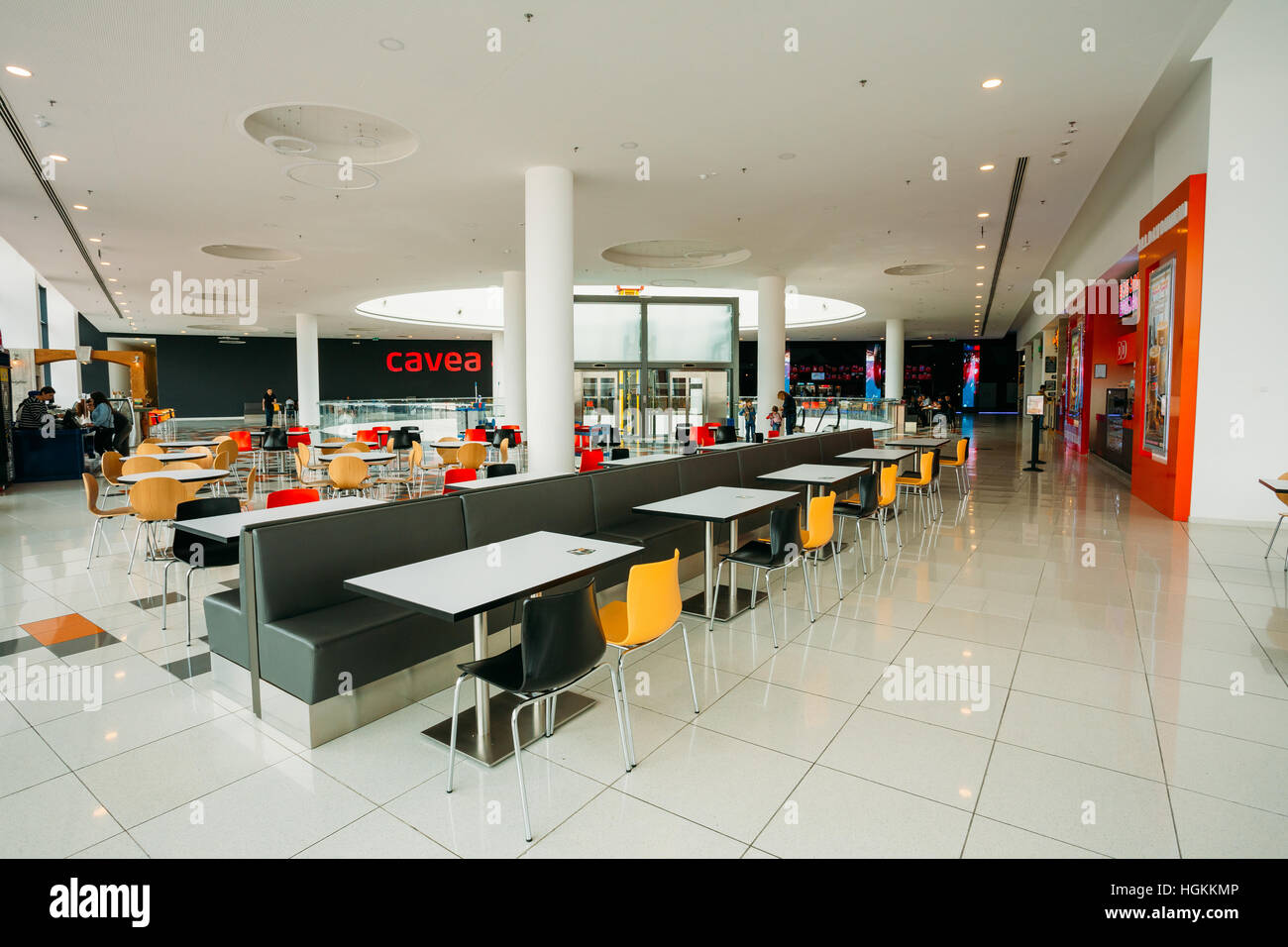 Tbilisi, Georgia - May 24, 2016: Free food court tables stand in a shopping center mall East Point Stock Photo