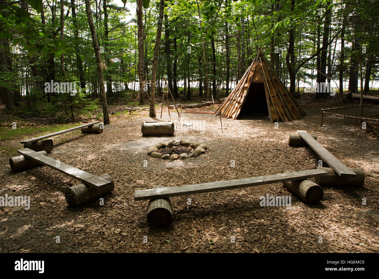 A campire by a teepee in Kejimkujik National Park and National Historic Site in Nova Scotia, Canada. Stock Photo
