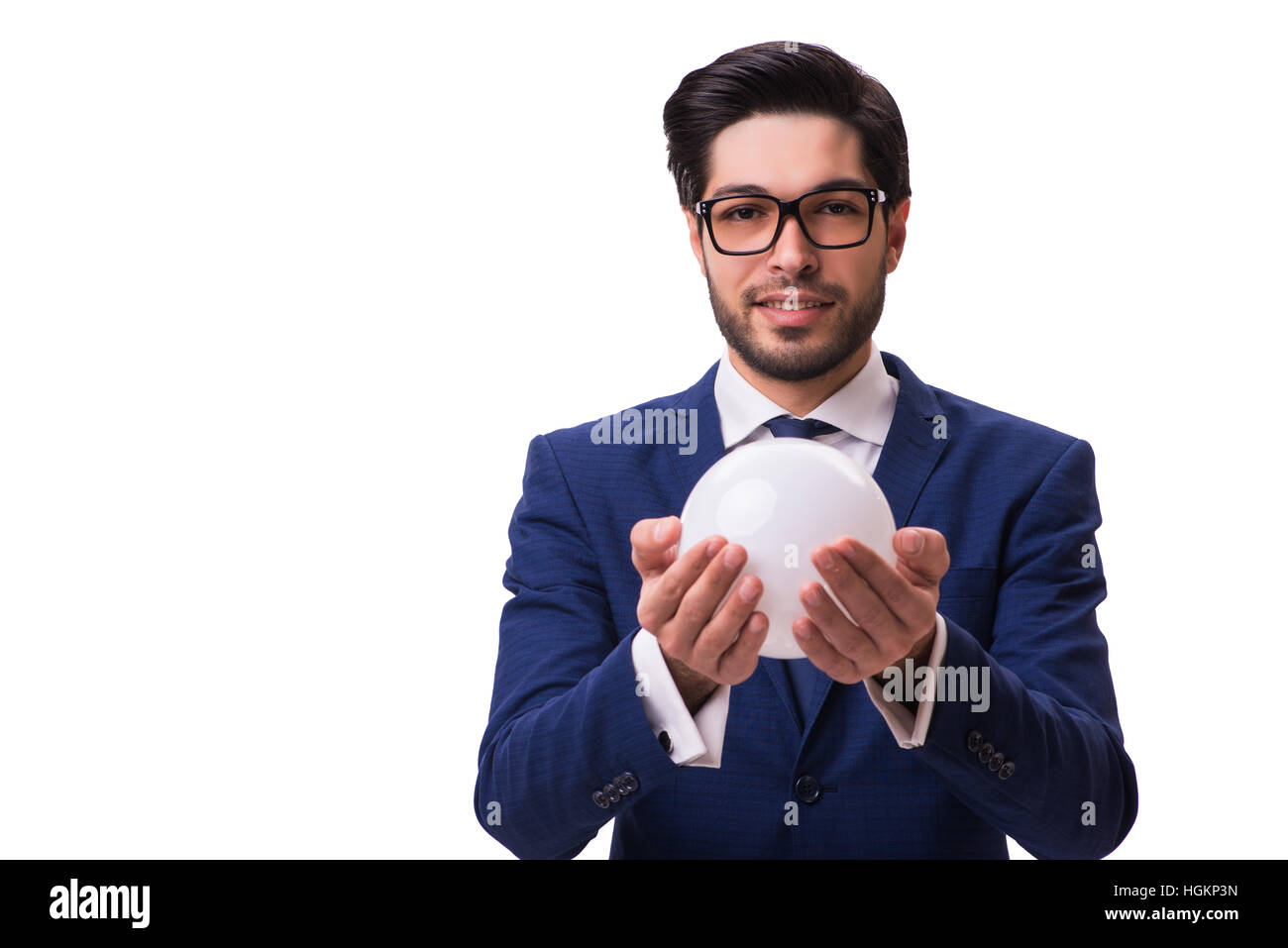 Businessman with crystall ball isolated on white background Stock Photo ...