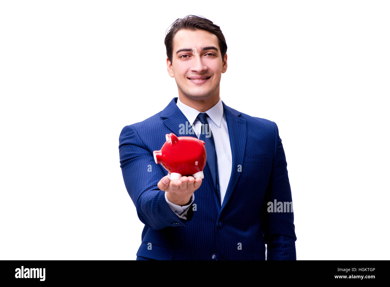 Handsome businessman with piggybank isolated on white Stock Photo - Alamy