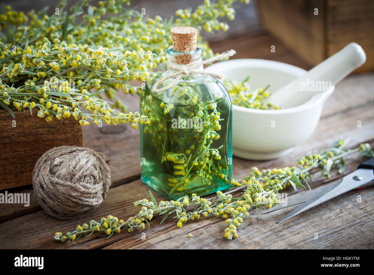 Bottle of absent or tincture of tarragon healthy herbs, absinthe healing herbs, scissors and mortar. Herbal medicine. Stock Photo