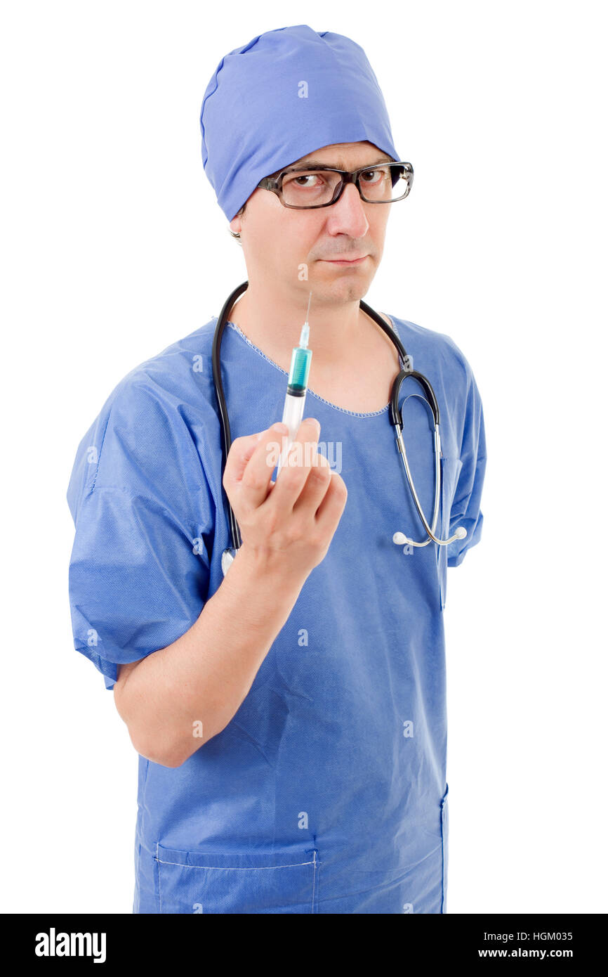 mad doctor with a syringe isolated over white background Stock Photo