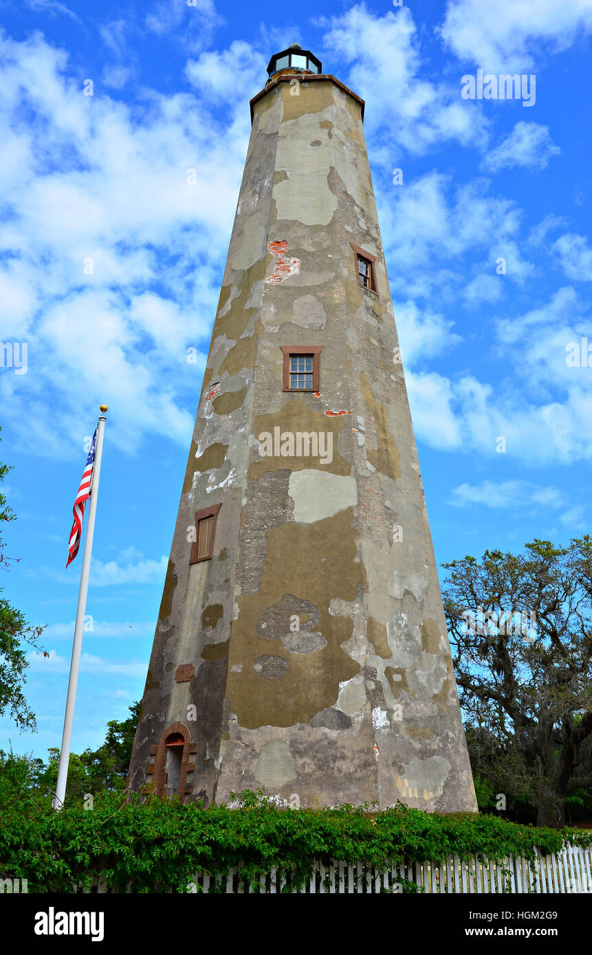 Old stone lighthouse on Bald Head Island North Carolina Stock Photo