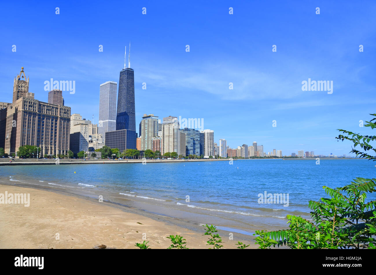 Lake Michigan shore and Chicago skyline along Lakeshore drive. Stock Photo