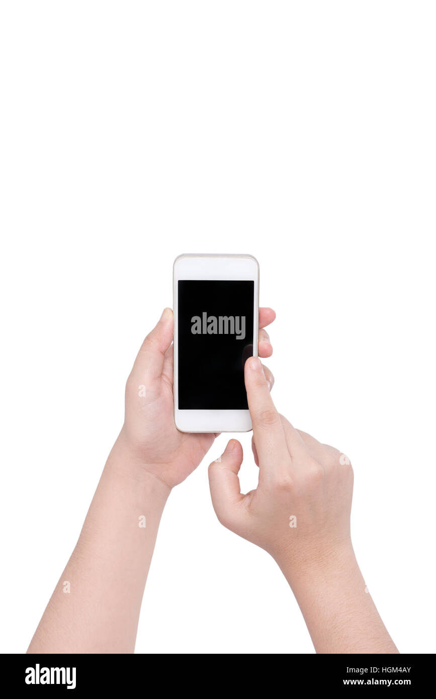 female hand holding a phone isolate on white background Stock Photo - Alamy