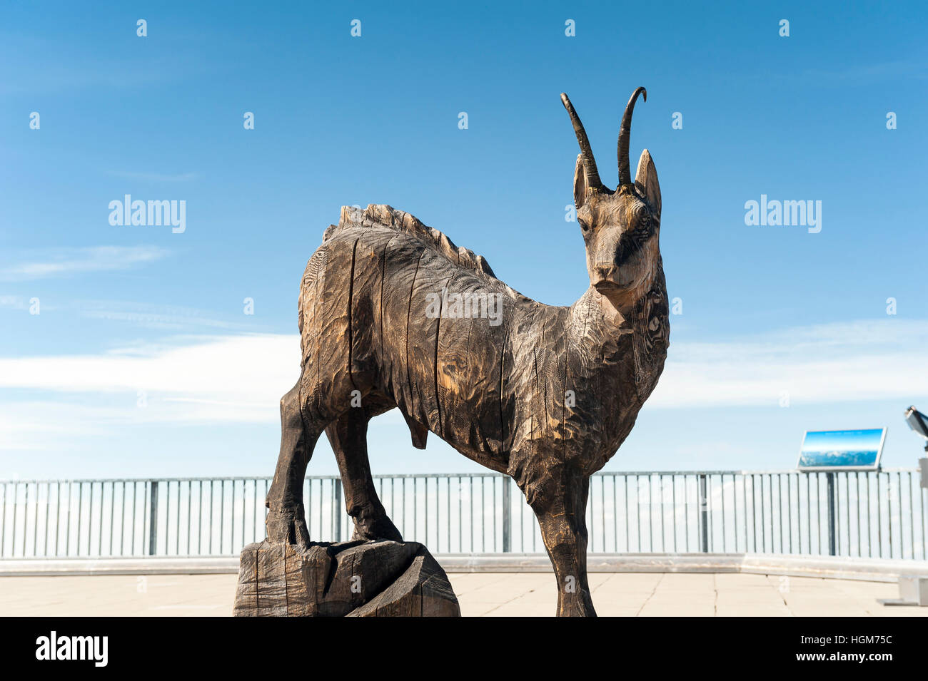 chamois wooden sculpture by Mario Gasser on the Zugspitze, the highest  mountain in Germany, Europe Stock Photo