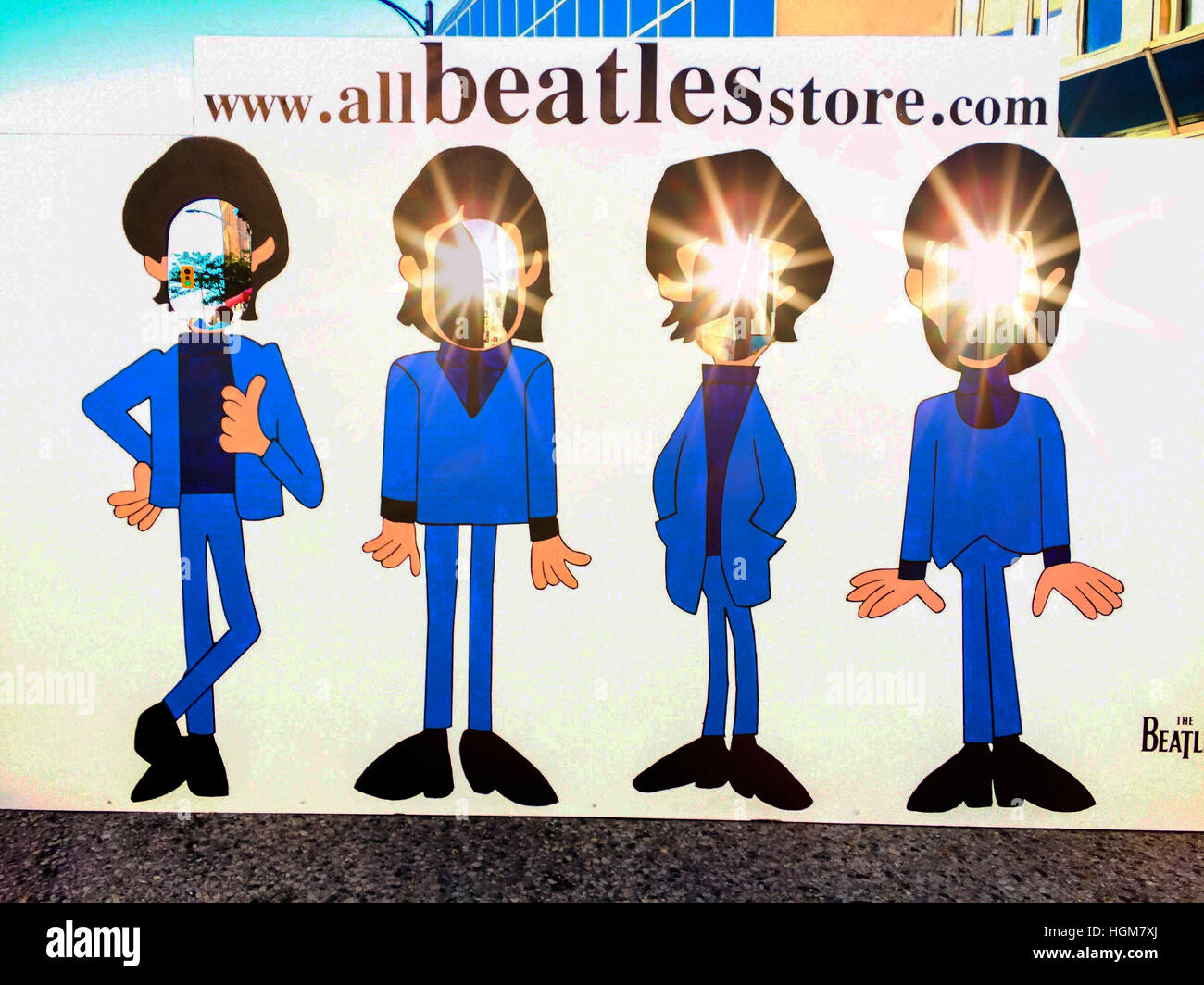 Sign for the First Beatles Festival, London, ON, Canada. Life size figures of all with look through cutouts. Souvenir prop. Street-side. Photo op. Stock Photo