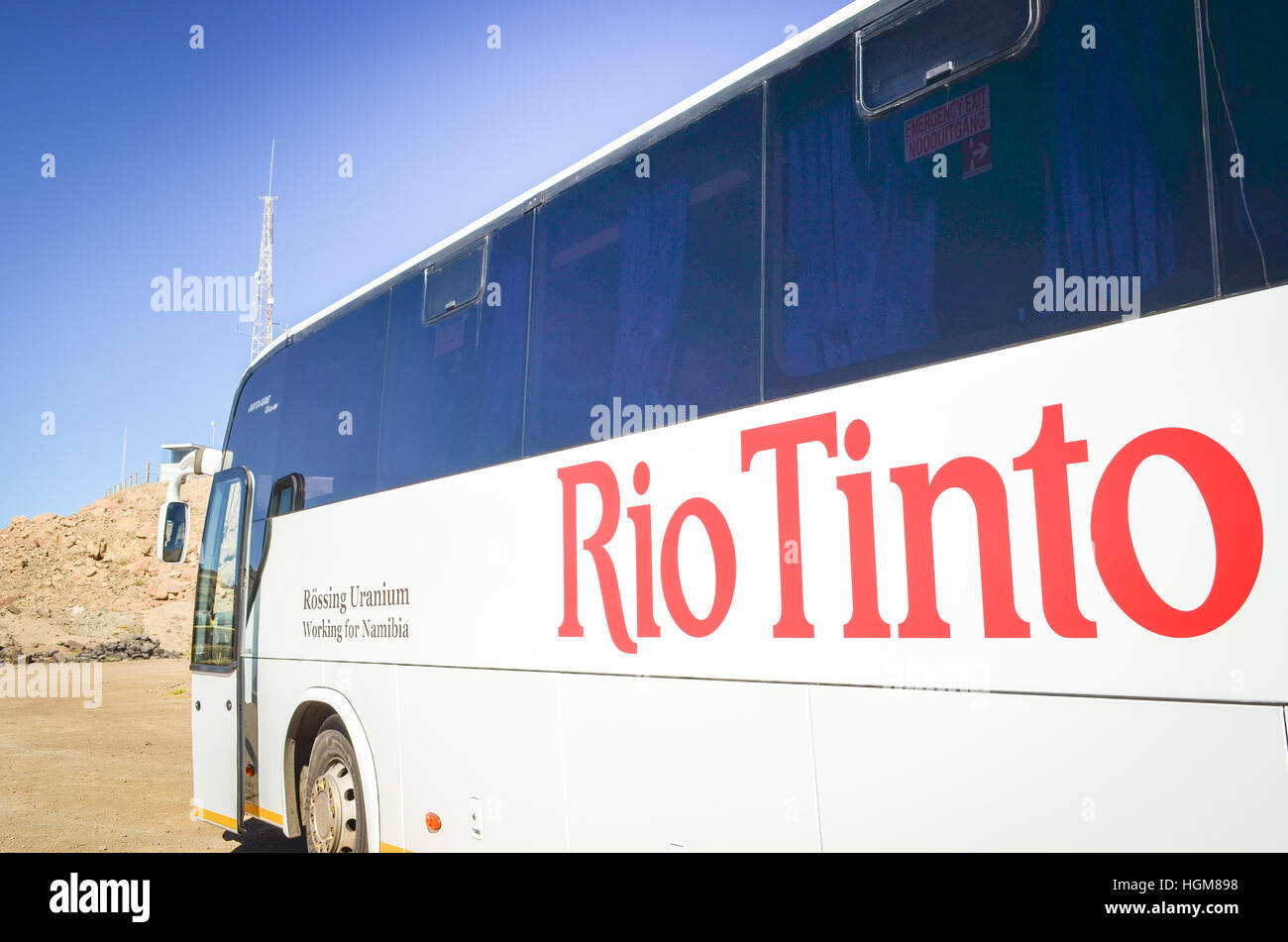 Bus in Rio Tinto's Rossing uranium mine in Namibia Stock Photo