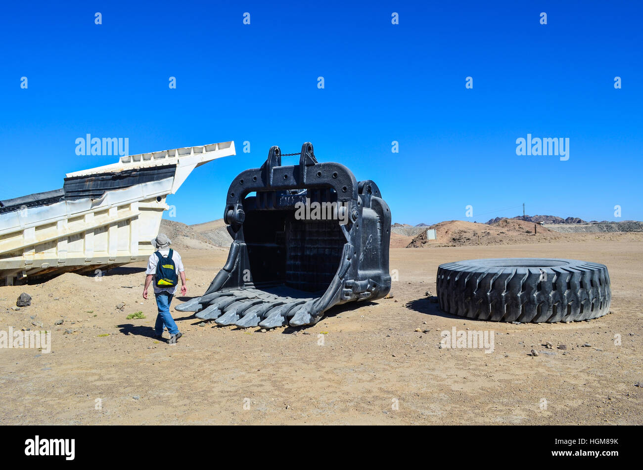 Showel and truck tire at Rio Tinto's Rössing uranium mine in Arandis, Namibia Stock Photo