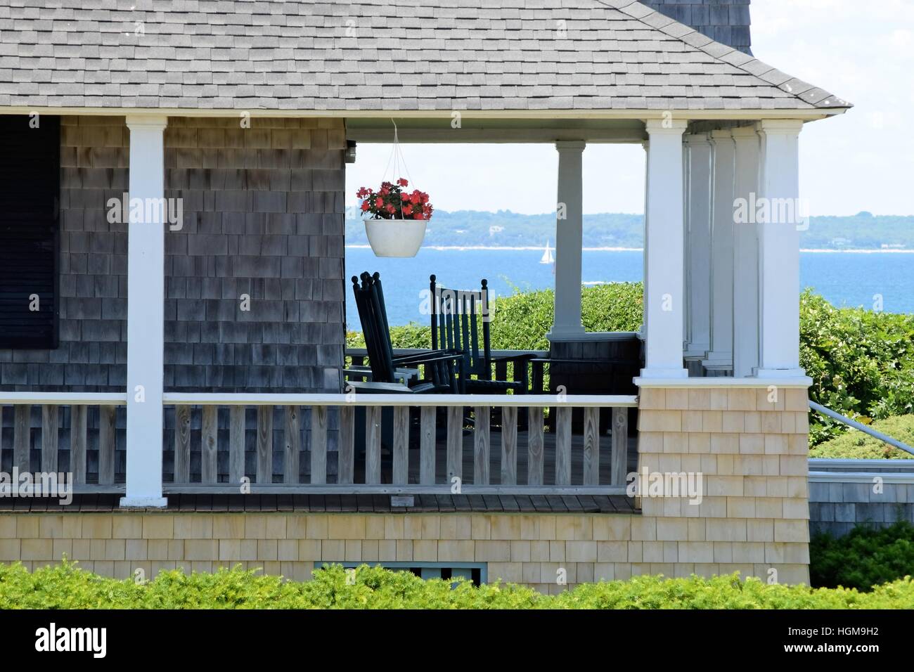 A New England front porch on Martha's Vineyard, Massachusetts with