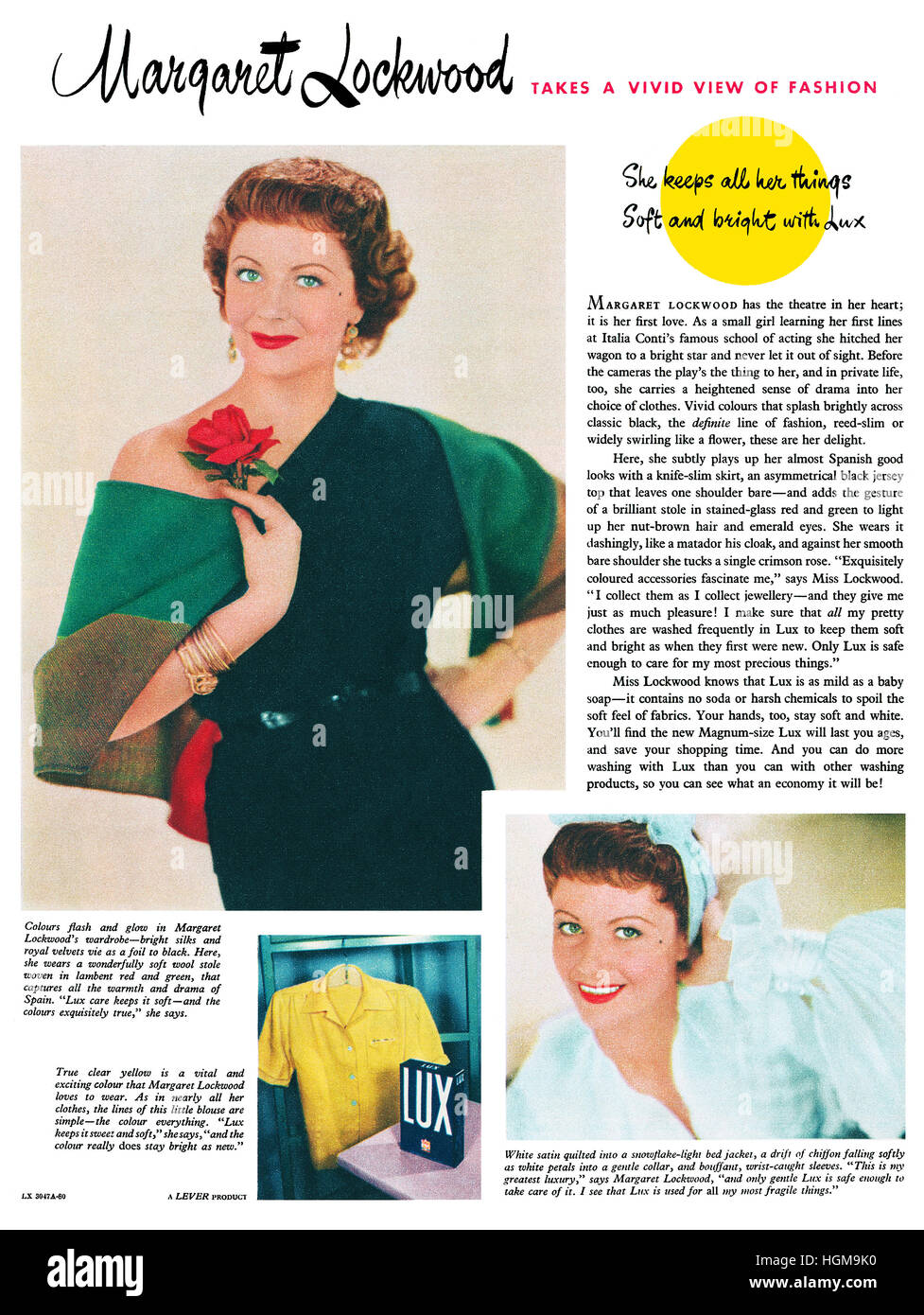 1952 British advertisement for Lux washing powder featuring actress Margaret Lockwood. Stock Photo