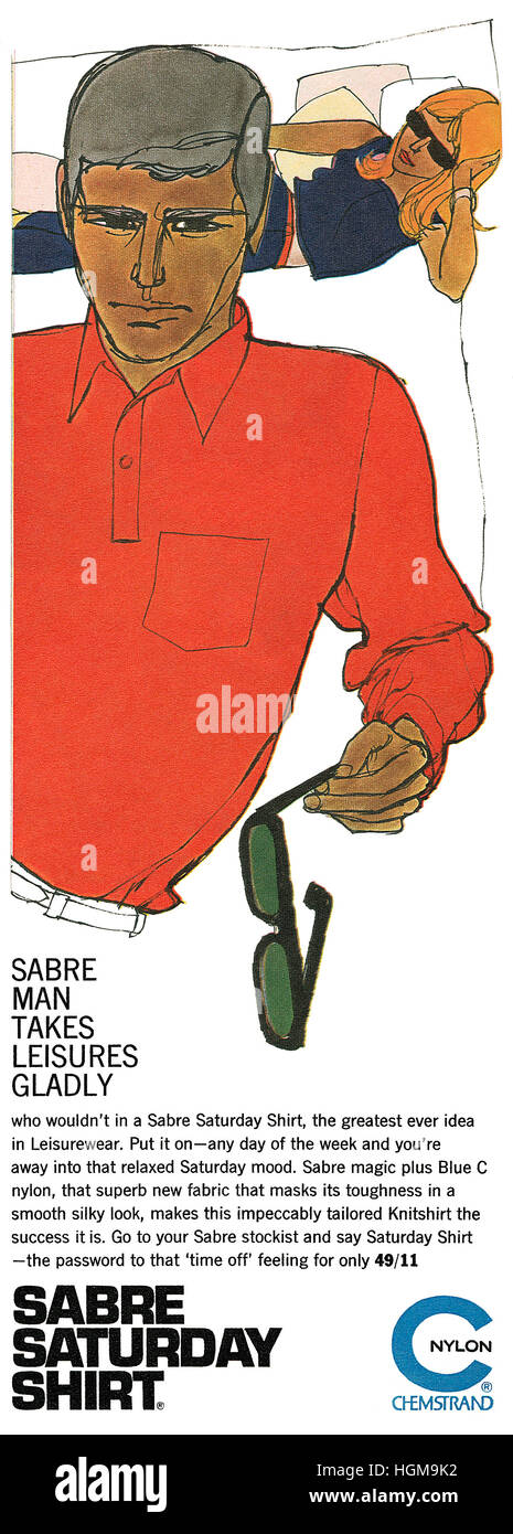 1965 British advertisement for Acrilan Sabre Saturday Shirts Stock Photo