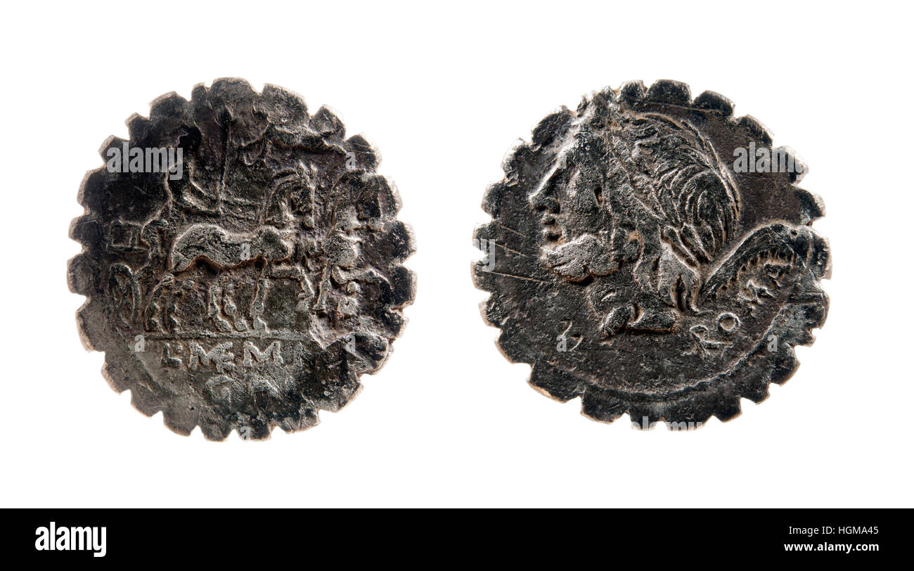 Serrated Roman Republican silver denarius. L. Memmius Galeria of about 106 BC. Stock Photo