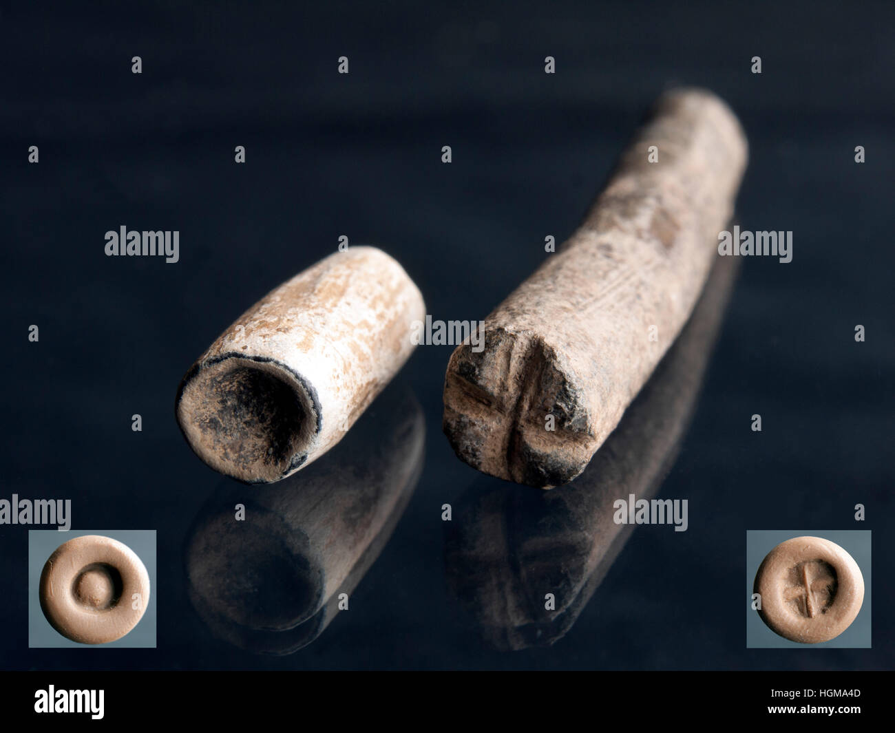 Anglo-Saxon potter's lead die or stamp with impressions/motifs. CLAY POTS Stock Photo