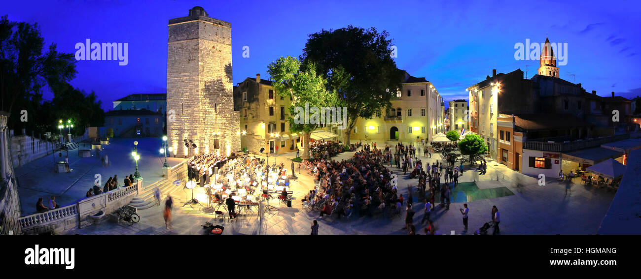 ZADAR, CROATIA - June 14 - Five wells square in Zadar, Croatia - open air Carmina Burana performance by croatian military forces symphony and Kolo sin Stock Photo