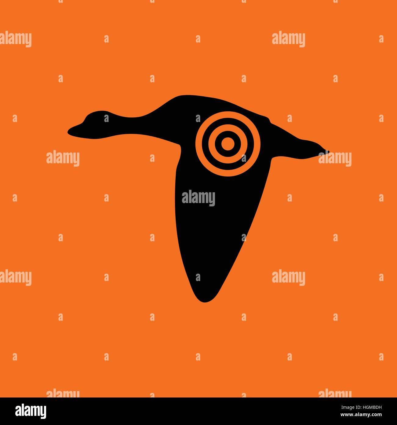 Flying duck silhouette with target icon. Orange background with black ...