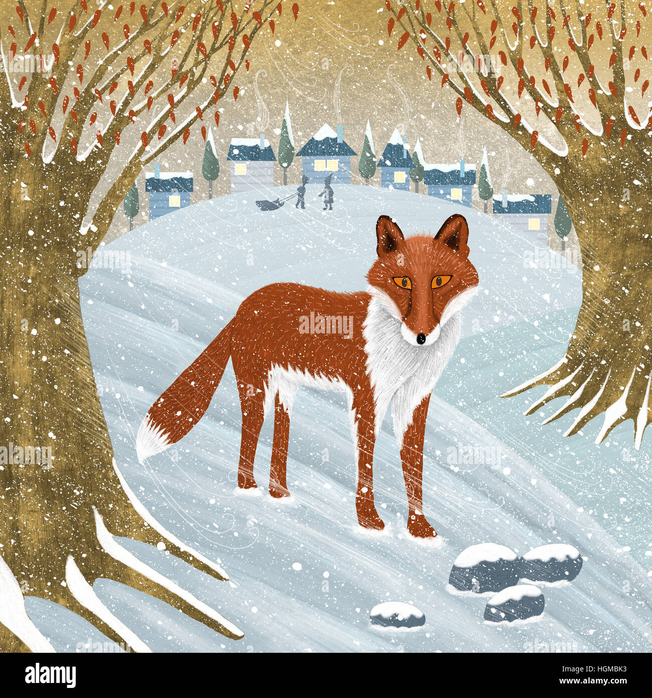 An illustration of a fox in a snowy landscape with children in the distance. Stock Photo