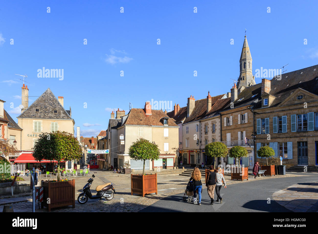 France, Indre, La Chatre, houses of the Marketplace and the Saint Germain's church bell Stock Photo