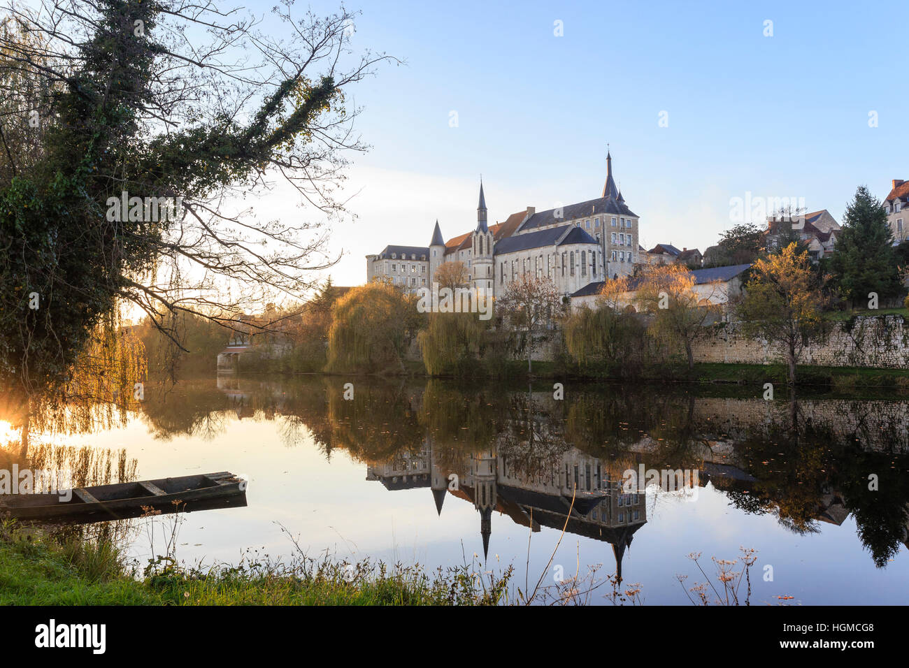 France, Indre, Saint Gaultier, river the Creuse and former priory in the evening Stock Photo