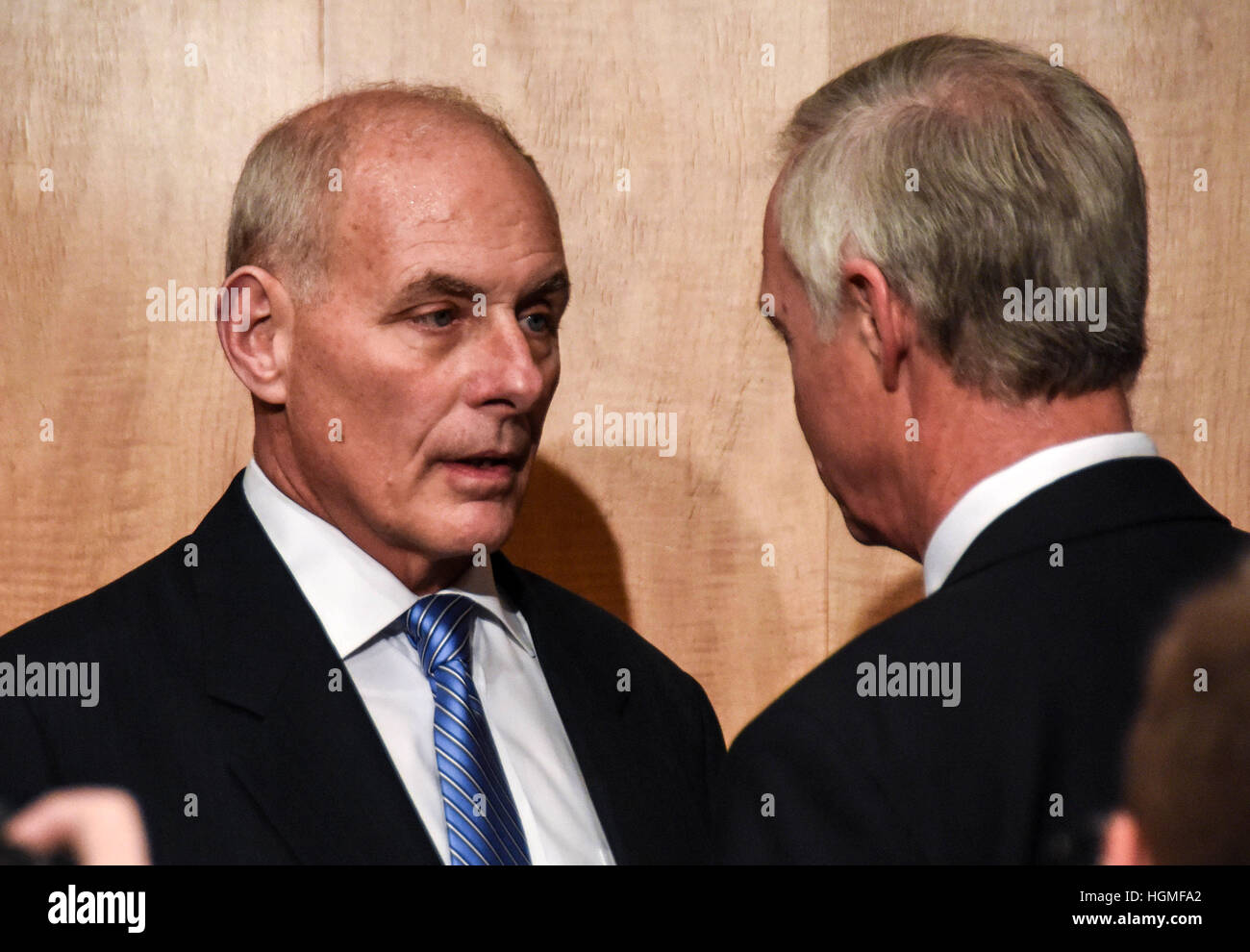 Washington, DC, USA. 10th January, 2017. Retired Marine Corps Gen. John Kelly (L) prepares to testify at the Senate Homeland Security and Governmental Affairs Committee hearing on his nomination to be Secretary of the Department of Homeland Security on Capitol Hill in Washington D.C, USA. © Bao Dandan/Xinhua/Alamy Live News Stock Photo