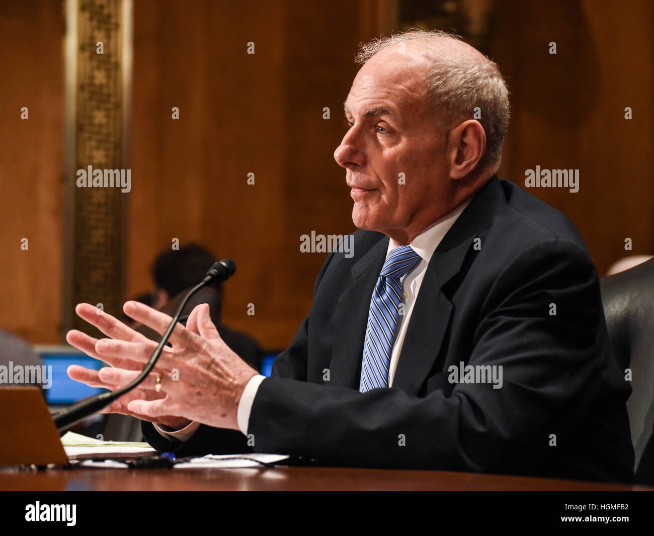 Washington, DC, USA. 10th January, 2017. Retired Marine Corps Gen. John Kelly testifies at the Senate Homeland Security and Governmental Affairs Committee hearing on his nomination to be Secretary of the Department of Homeland Security on Capitol Hill in Washington D.C, USA. © Bao Dandan/Xinhua/Alamy Live News Stock Photo