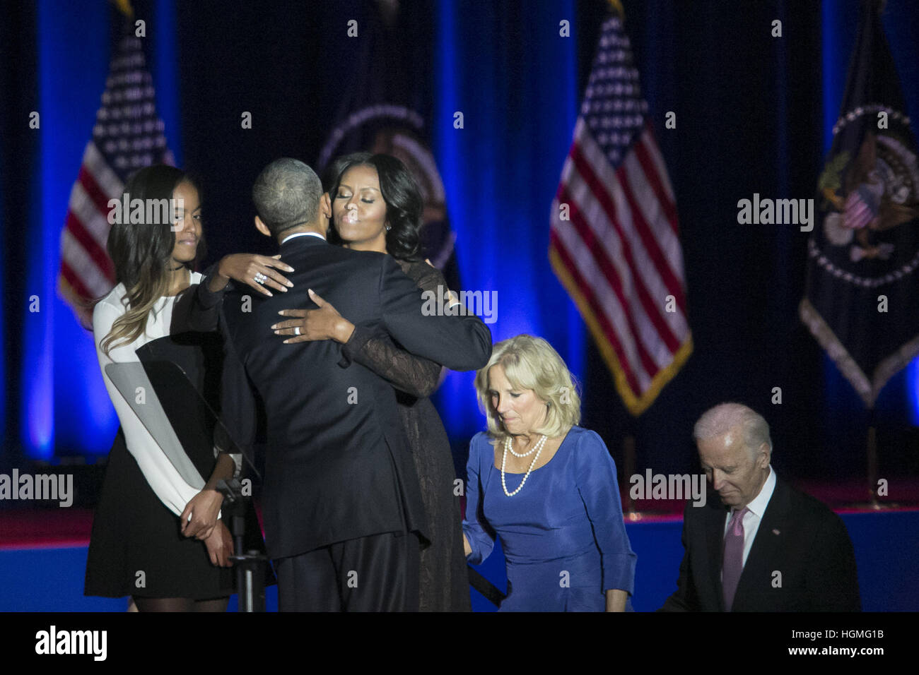 Chicago, Illinois, USA. 10th Jan, 2017. President Obama hugging the First Lady, Michelle Obama, at the end of his farewell address in Chicago at the McCormick Place. © Rick Majewski/ZUMA Wire/Alamy Live News Stock Photo